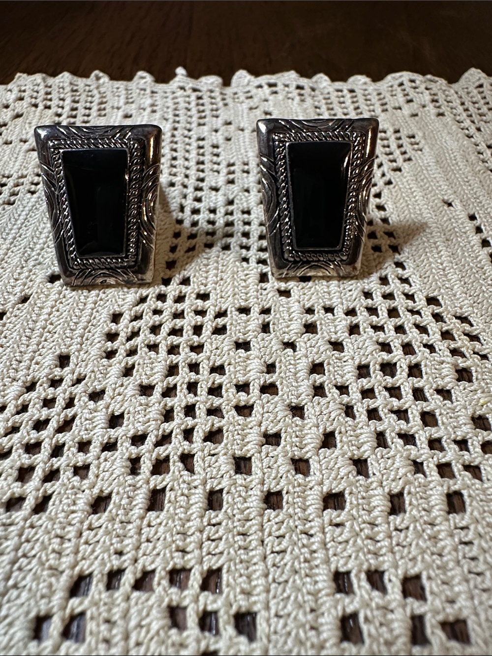 Silver-Tone Black Inlay Clip Earrings